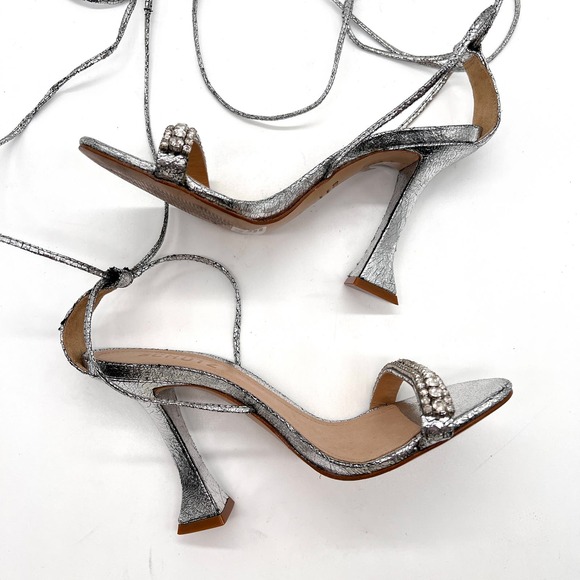SCHUTZ Bellin Heels Womens 6 Silver Metallic Jeweled Ankle Wrap Strappy Sandal - Picture 6 of 14